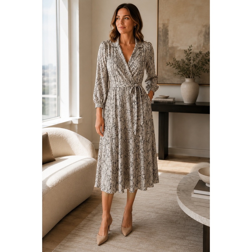 Ann Taylor Factory Snake Print‎ Wrap Dress Grey White Size 14 Midi Long Sleeve